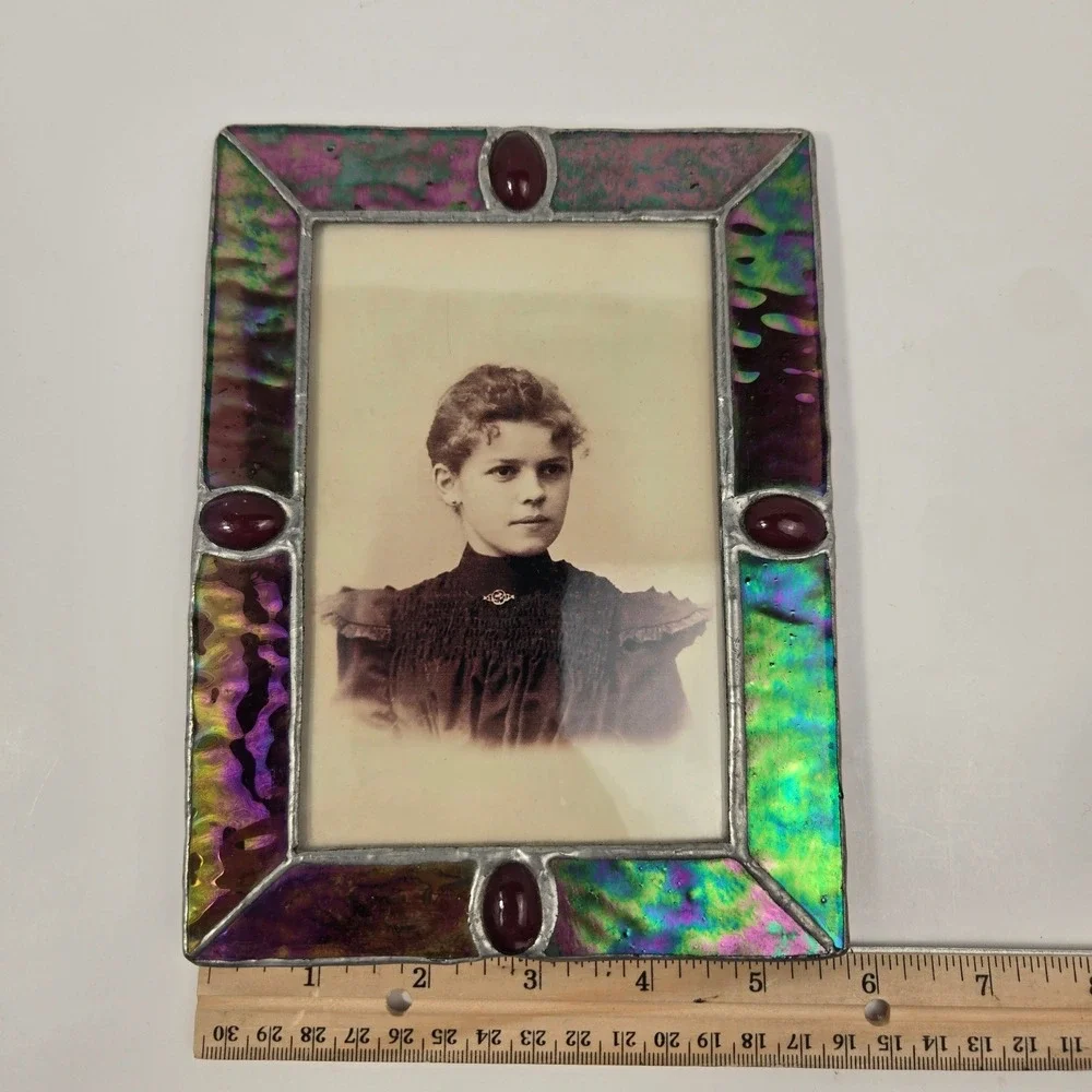 Vintage Iridescent Stained Glass Picture Frame with Burgundy Cabochons 5x7
